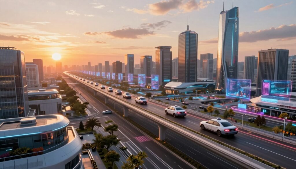 Future city skyline with multiple flying taxis and integrated vertiport network