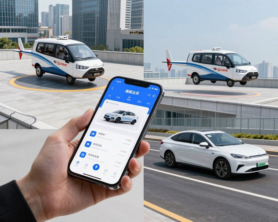 Modern transportation choices showing flying taxi and traditional ride-sharing options
