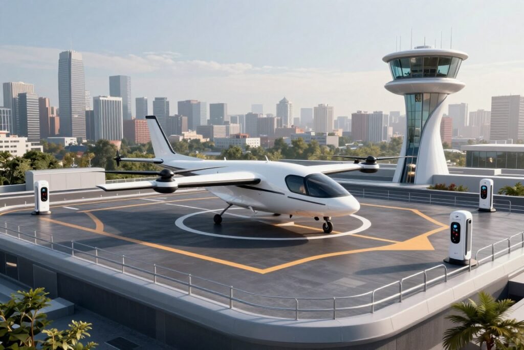 Modern vertiport facility showing flying taxi landing infrastructure