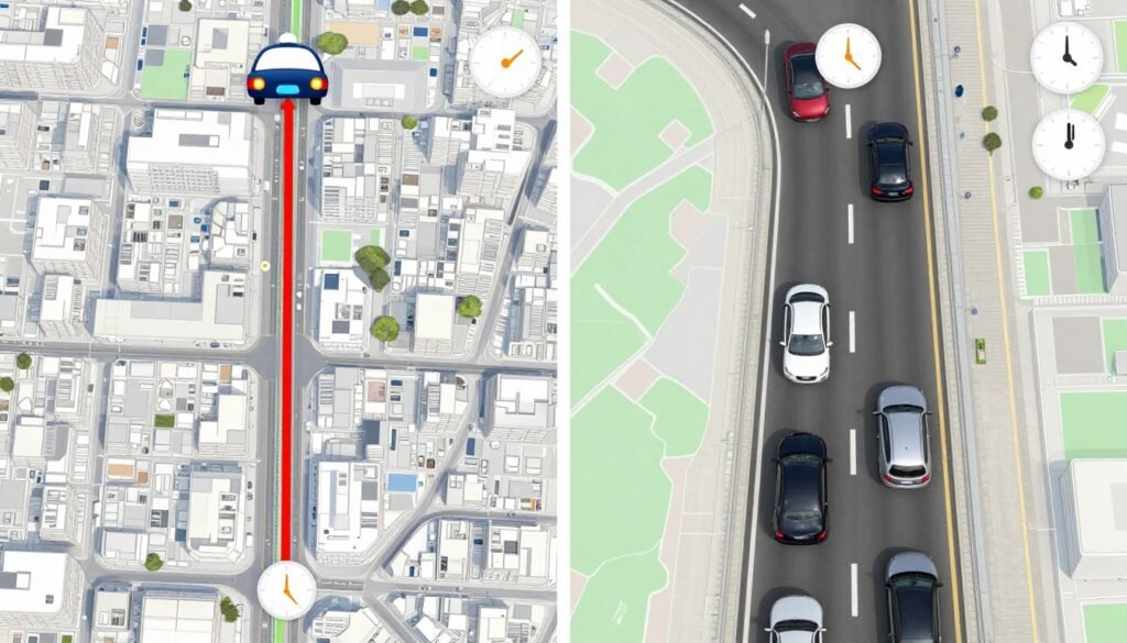 Side-by-side travel time comparison showing flying taxi route versus ground traffic