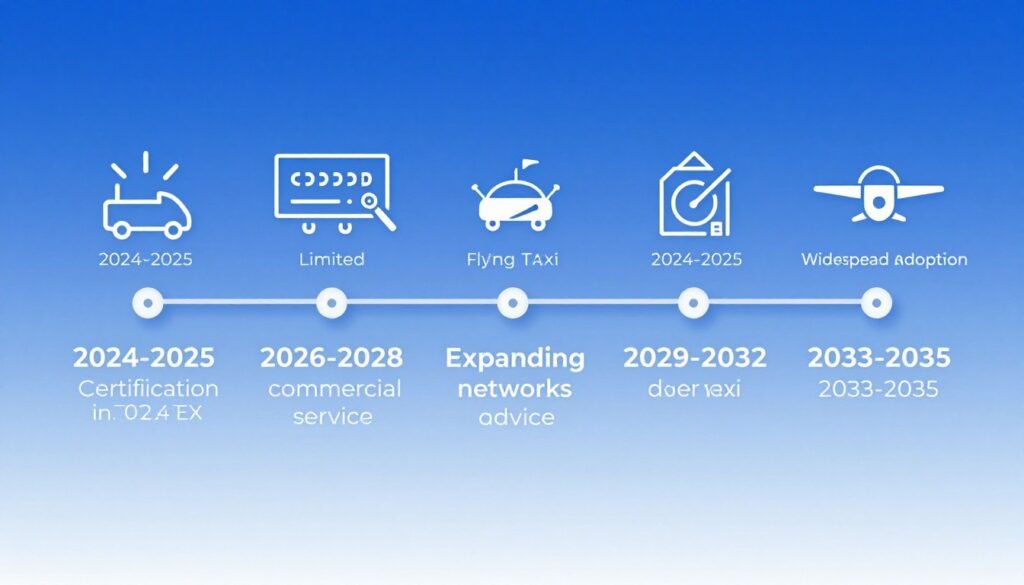 Timeline infographic showing flying taxi adoption phases from 2024 to 2035