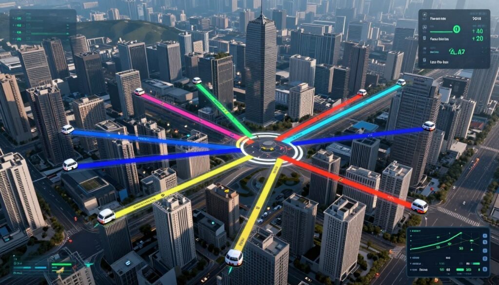 Urban airspace management showing flying taxi routes and safety zones