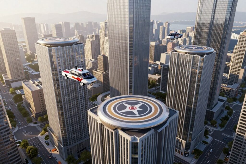 Urban skyline showing vertiport infrastructure integration with existing buildings