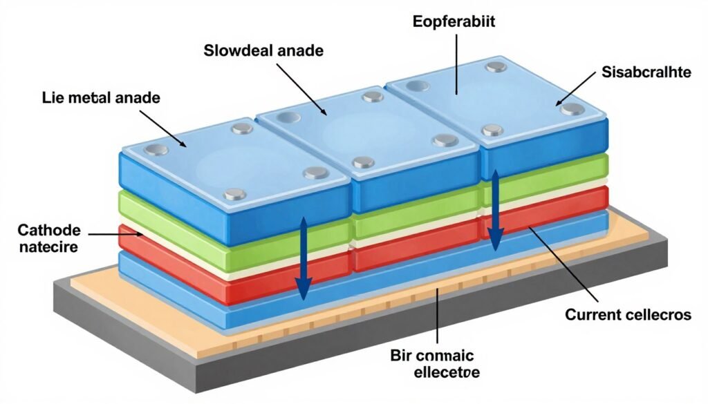 detailed diagram showing solid-state battery internal structure with labeled components