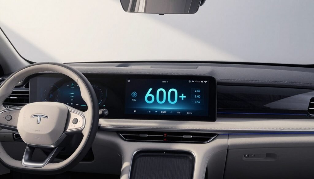 electric vehicle dashboard showing 600 mile range display