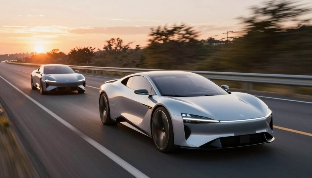 futuristic electric vehicles on highway representing the future of transportation
