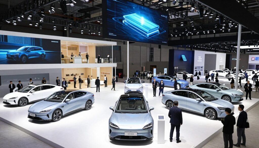 multiple electric vehicles from different manufacturers at auto show